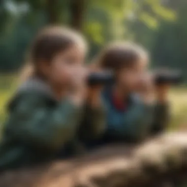 Children observing wildlife through binoculars in a park