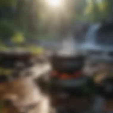 A campfire with a pot of water boiling