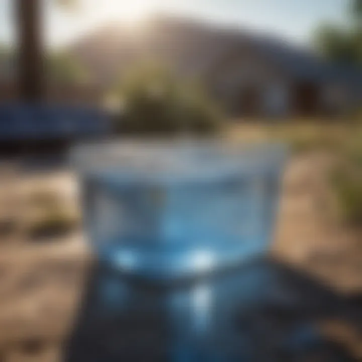 Solar panels reflecting sunlight over a clear container of water
