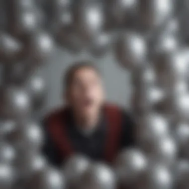 Illustration of a frightened individual looking at a cluster of balloons