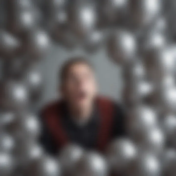 Illustration of a frightened individual looking at a cluster of balloons