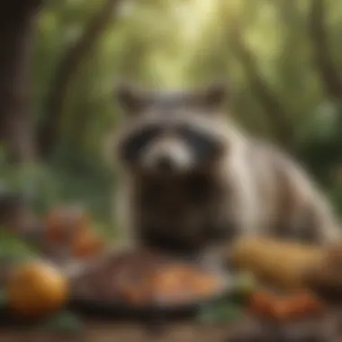 Raccoon exploring a diverse array of food sources