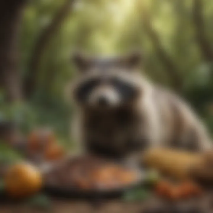 Raccoon exploring a diverse array of food sources