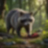 Raccoon foraging for berries in lush forest
