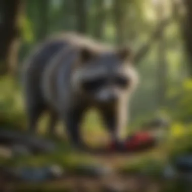 Raccoon foraging for berries in lush forest