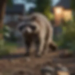 A raccoon foraging for food in a suburban garden