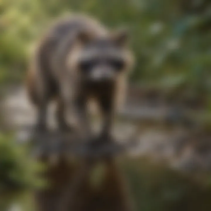 Raccoon scavenging for small mammals near a stream
