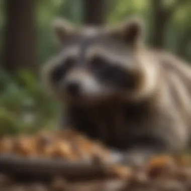 Raccoon with varied food choices in its environment