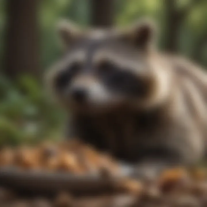 Raccoon with varied food choices in its environment