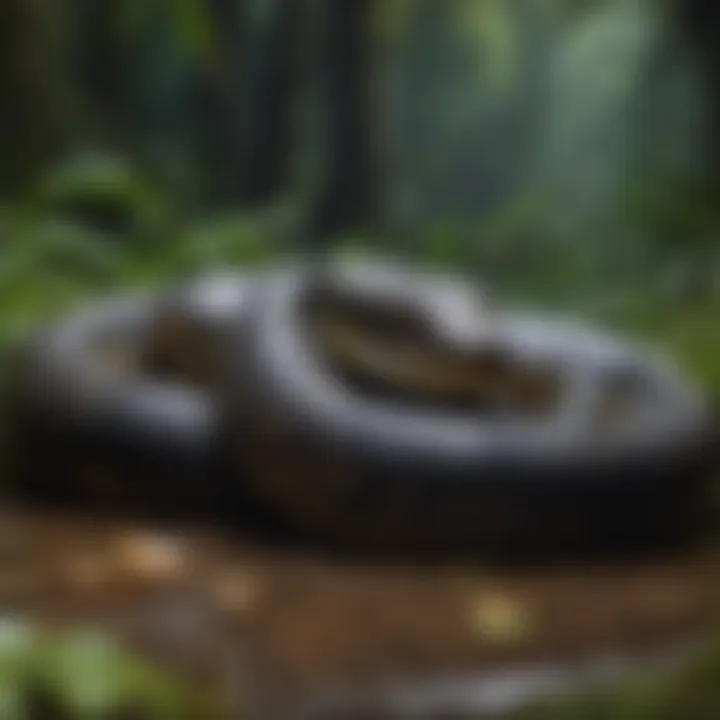 Slithering Anaconda gracefully moving across the rainforest floor