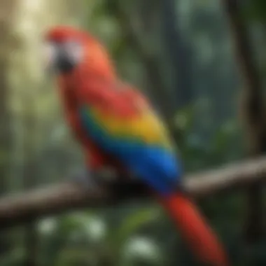 Colorful macaw perched on a branch in the rainforest