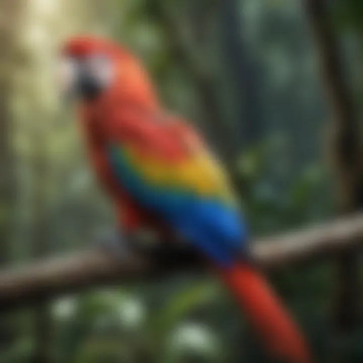 Colorful macaw perched on a branch in the rainforest