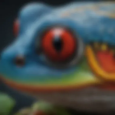 A close-up view of a red-eyed tree frog with its bright red eyes and striking blue and yellow patterns.