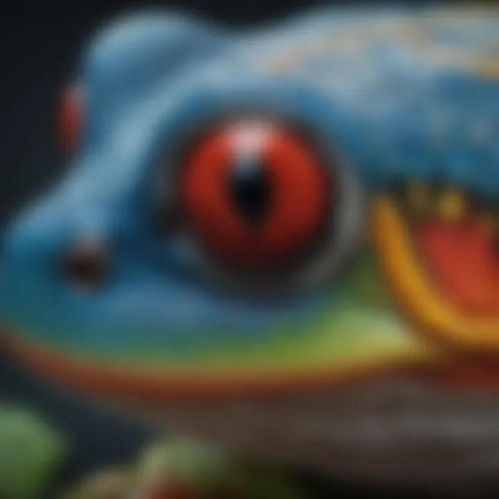A close-up view of a red-eyed tree frog with its bright red eyes and striking blue and yellow patterns.