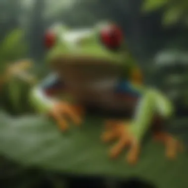 A red-eyed tree frog resting in its natural habitat among tropical foliage.