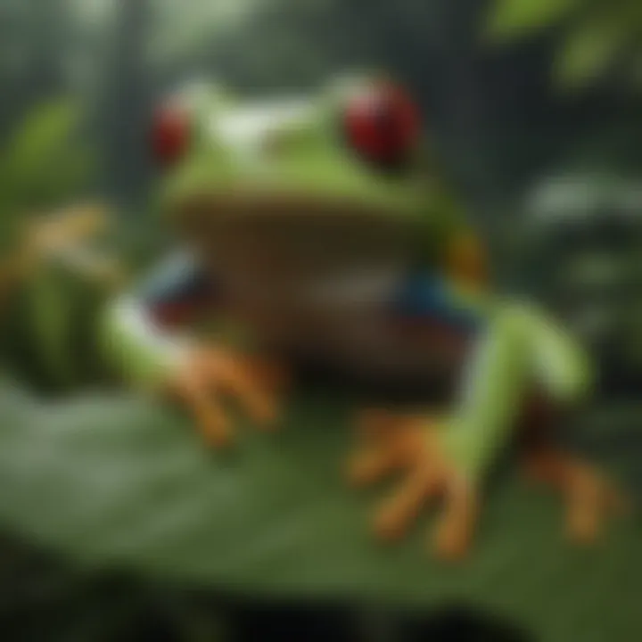 A red-eyed tree frog resting in its natural habitat among tropical foliage.