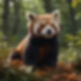 Red panda camouflaged among leaves