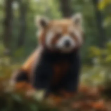 Red panda camouflaged among leaves