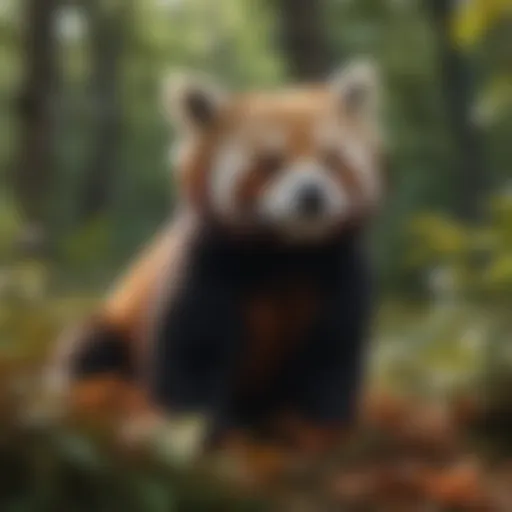 Red panda camouflaged among leaves