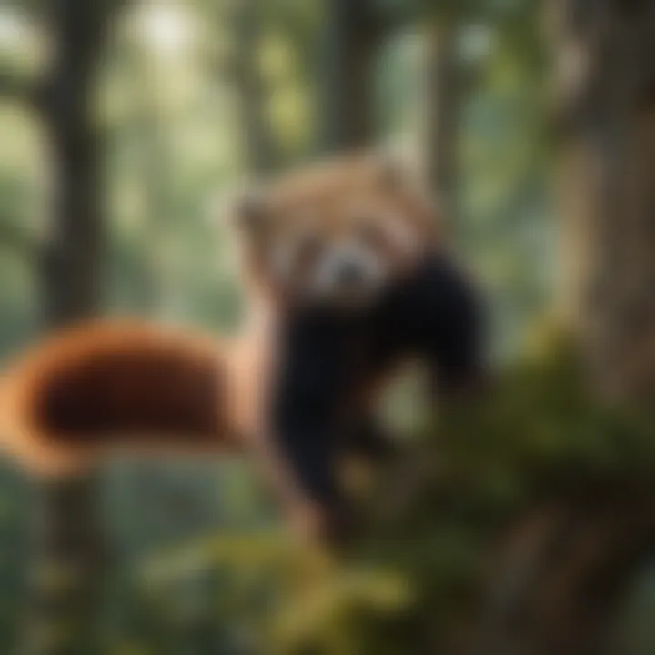 Red panda climbing tree to evade danger