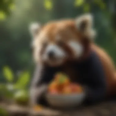 Red Panda Enjoying a Meal of Fruits