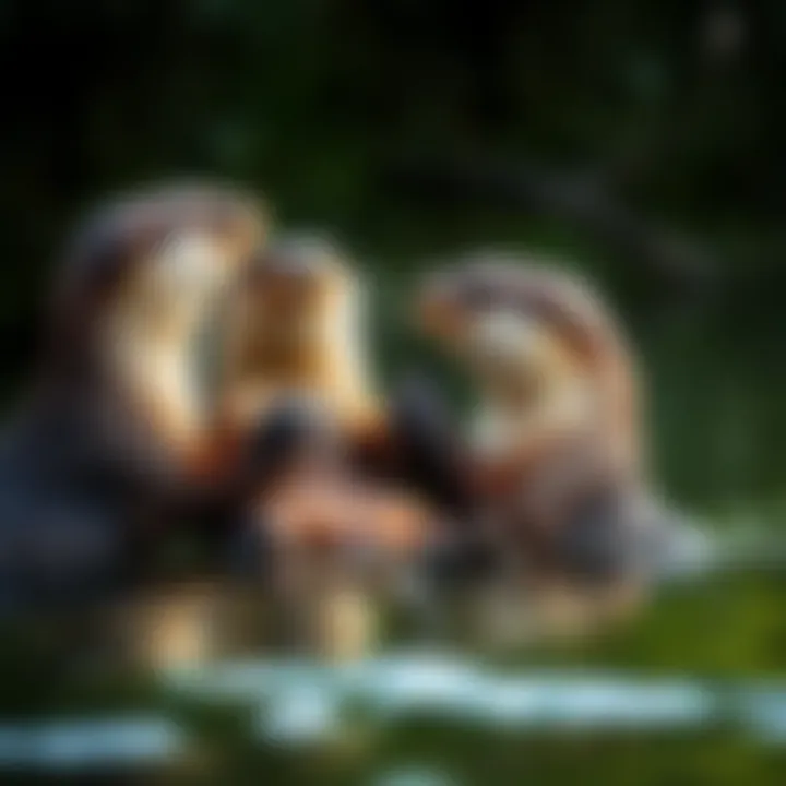 Group of river otters playing and interacting socially
