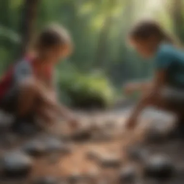 Nature's Treasure Hunt A vibrant outdoor scene where children are collecting rocks in nature.