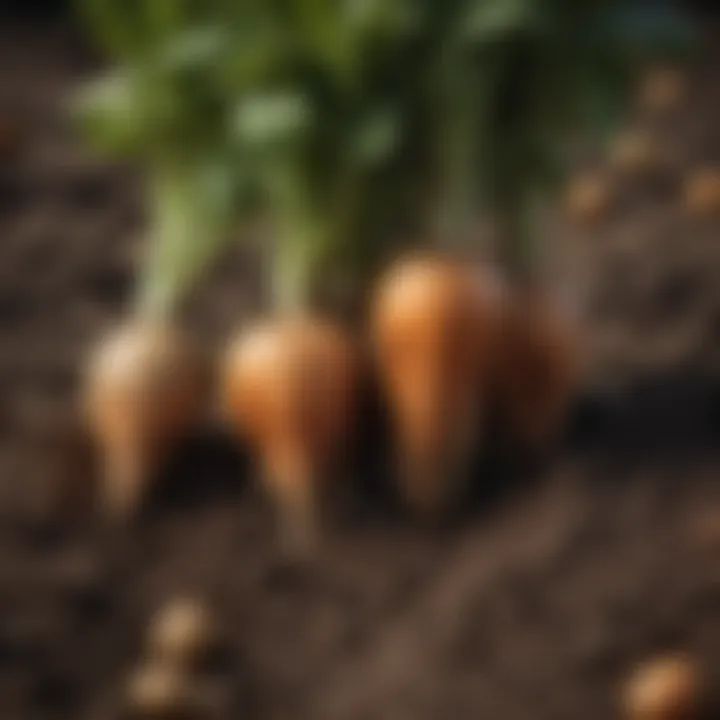 Root vegetables being planted in nutrient-rich soil
