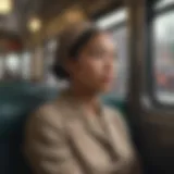 Rosa Parks seated on a bus, a symbol of defiance.