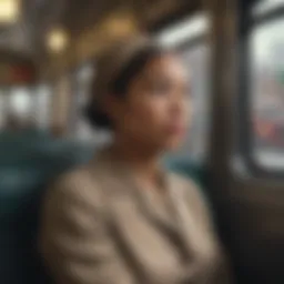 Rosa Parks sitting in a bus, symbolizing defiance against segregation.