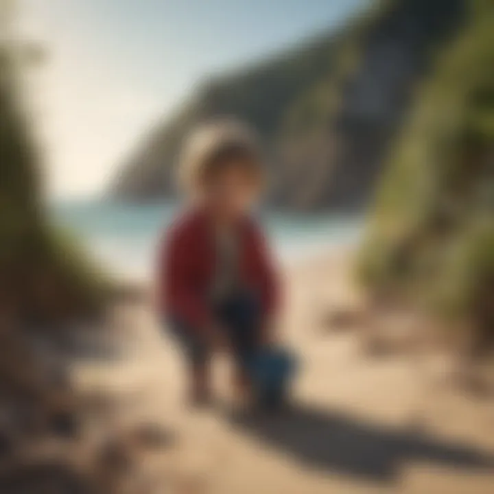 Child picking up litter on a beautiful beach