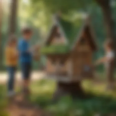 Group of kids building a birdhouse in a park