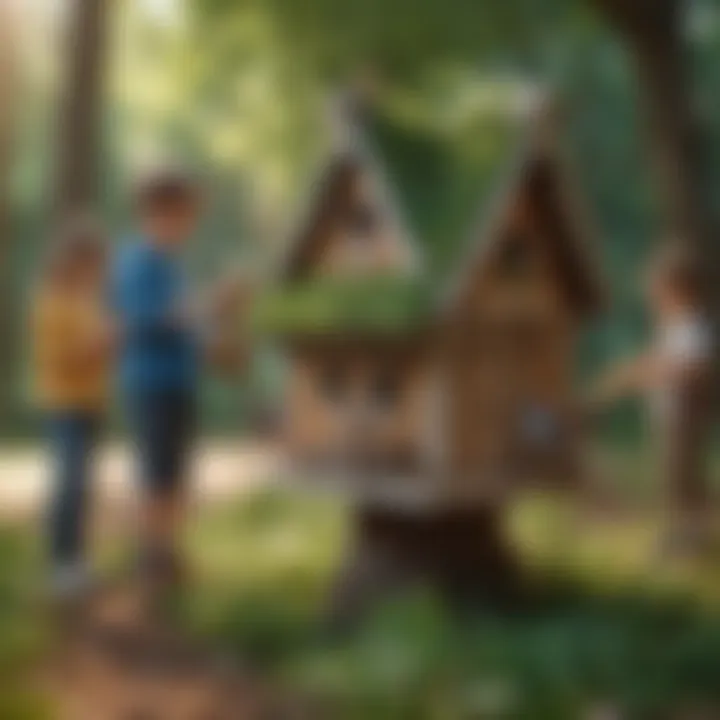 Group of kids building a birdhouse in a park