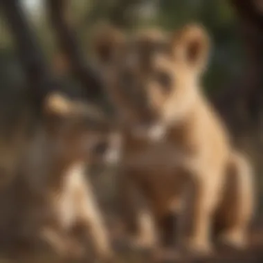Lion cub playfully interacting with its siblings in the wild