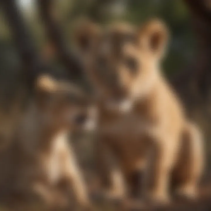 Lion cub playfully interacting with its siblings in the wild