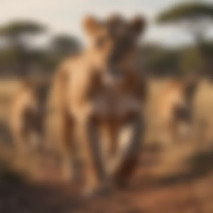 Lioness leading her pride through the African savannah