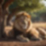 Majestic lion resting under the shade of a tree