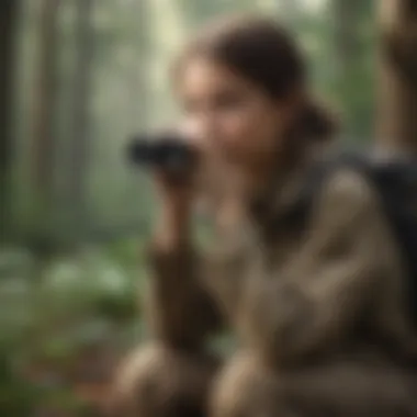 A young naturalist observing wildlife with a binocular, immersed in nature