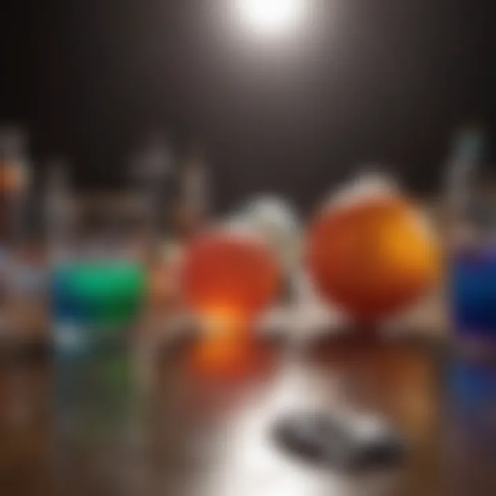 Close-up of colorful science experiment materials laid out for children.