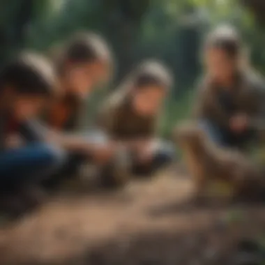 A group of children collaborating on a science project outdoors.