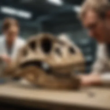 Laboratory Examination Scientist Examining Spinosaurus Skull Replica in Laboratory Setting
