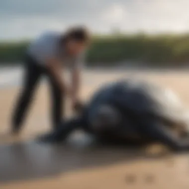 Scientist measuring leatherback turtle on a beach