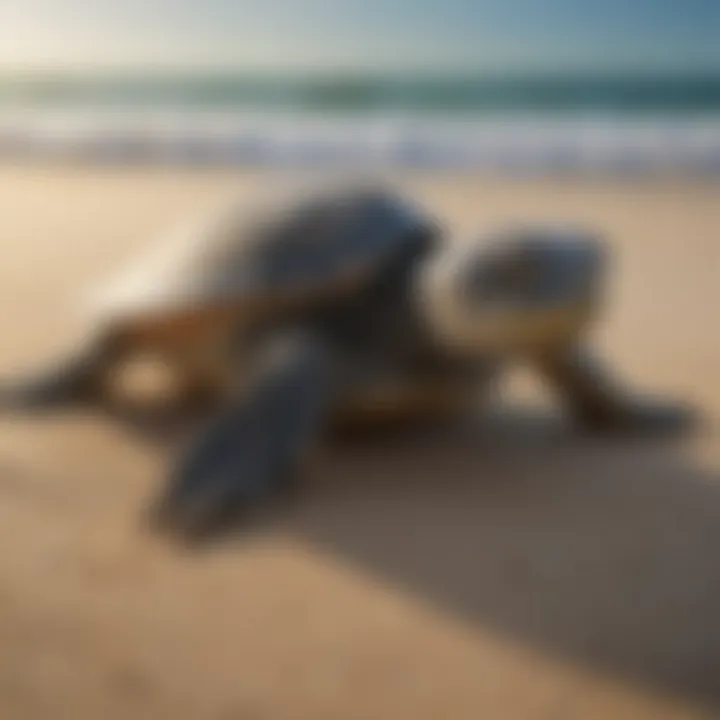 Sea turtle hatchling struggling towards the ocean