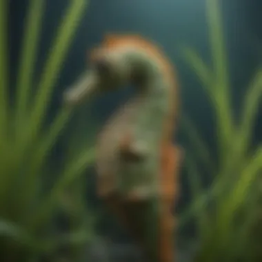 Seahorse Camouflaged in Seagrass Close-up of a seahorse clinging to seagrass.