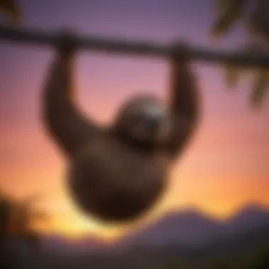 Silhouetted image of a sloth hanging upside down with a backdrop of a colorful sunset