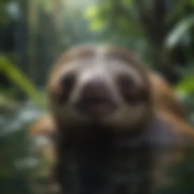 Sloth exploring water with curiosity