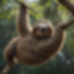 Sloth gracefully hanging from a branch