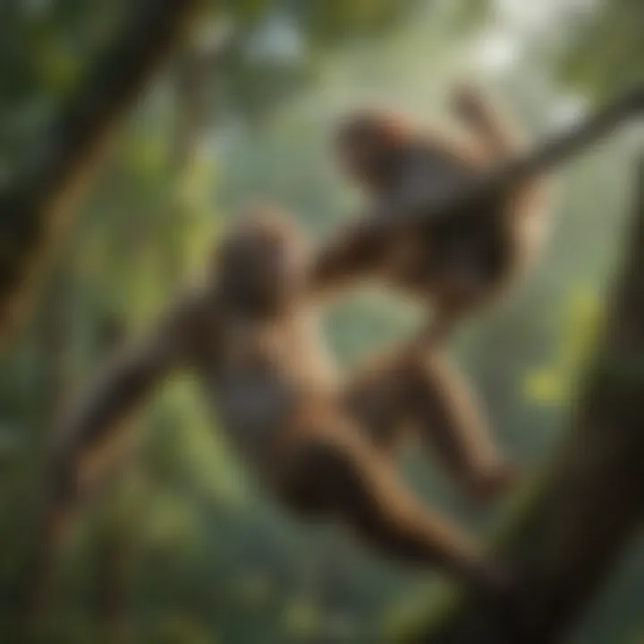 A group of monkeys playing in the treetops