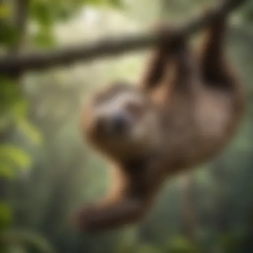 A sloth hanging from a tree branch in its natural habitat