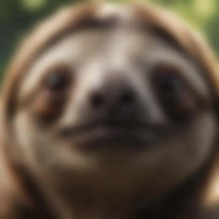 Close-up view of a smiling sloth face with gentle eyes and a peaceful expression